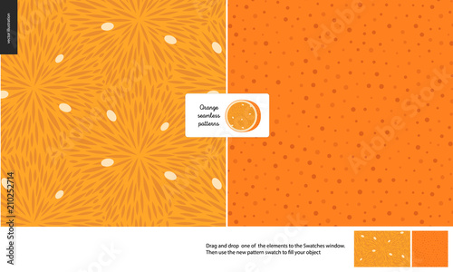 Food patterns, summer - fruit, orange texture, small half of an orange image in the center - two seamless patterns of the orange pulp full of white seeds and rind with little holes, orange background