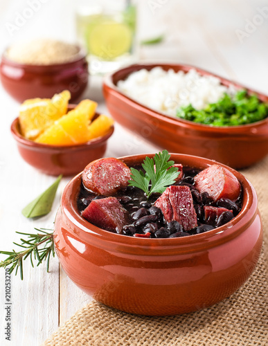 Feijoada (bean stew) - Brazilian Traditional Food (Dry Beef, Cabbage, Orange, Rice, Beans)