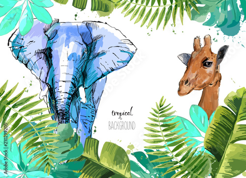 Background with Tropical Leaves, giraffe and elephant. Suitable for nature concept, safari, zoo and summer holiday. Vector Illustration.