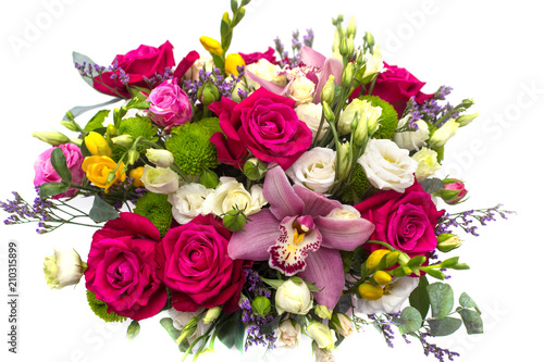 flower arrangement with roses, freesias in a pot on a white background 