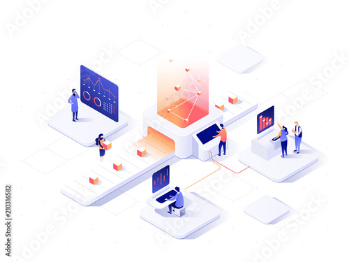 People interacting with charts and analysing statistics. Data visualisation concept. 3d isometric illustration.