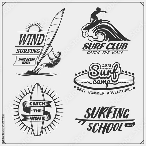 Set of windsurfing emblems, labels and badges. Surf design elements.