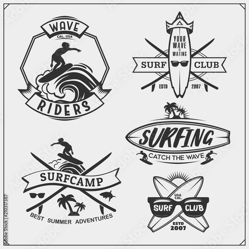 Set of surfing emblems, labels and badges. Surf design elements.