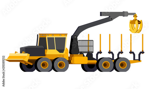 Minimalistic icon log forwarder front side view. Log crane vehicle. Modern vector isolated illustration.