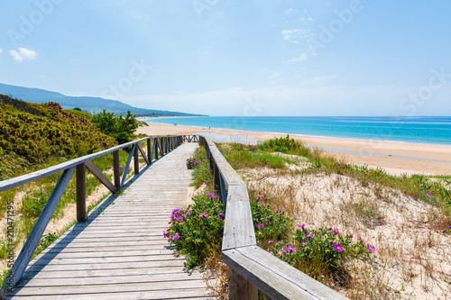 Wooden coastal promenade along Bolonia beach, Andalusia, Spain