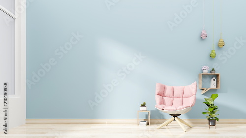 Bright pik armchair with plant in vase, hanging lamp and book table on empty blue wall background. 3D rendering. 