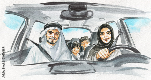 Hand drawn arabian woman drive a car. Watercolor portrait of modern and free muslim lady. Sketching family illustration