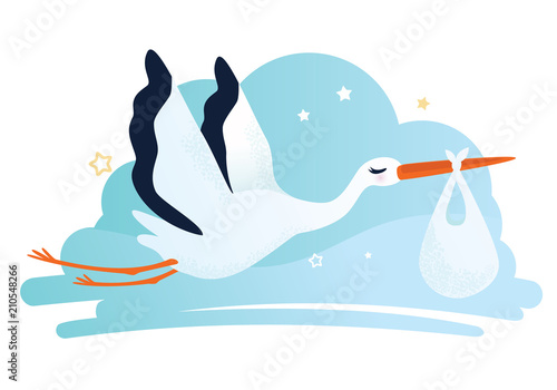 Vector illustration of a stork carrying a baby in a bag