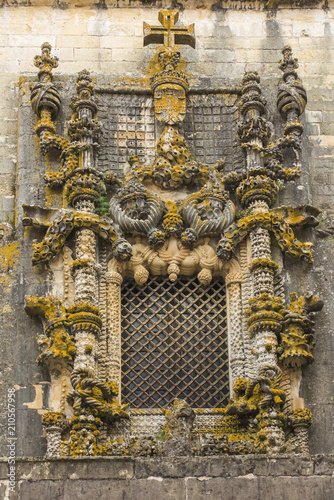 Facade of the Convent of Christ with its famous intricate Manueline window in medieval Templar castle in Tomar