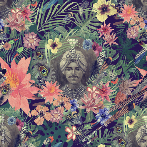 Semaless watercolor pattern with maharajah portrait, flowers, leaves, flowers.