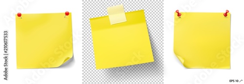 Yellow stick paper notes with push pins and tape on white background. Vector illustration. Can be use for your design, presentation, promo, adv. EPS10.