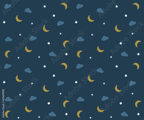 Night pattern with clouds, moons and stars. Vector background wallpaper with bedtime elements