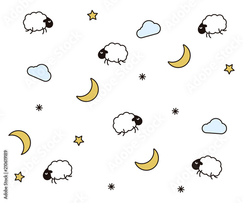 Cute night seamless pattern background for kids bedtime sleeping. Vector wallpaper illustration with clouds, moons, stars, sheeps or lambs