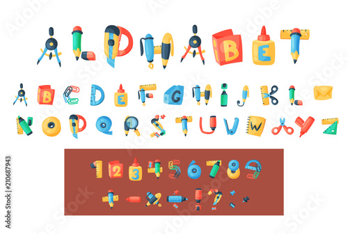 Alphabet stationery letters vector abc font alphabetic icons of office supply and school tools accessories for education pencil or pen alphabetically isolated on background illustration