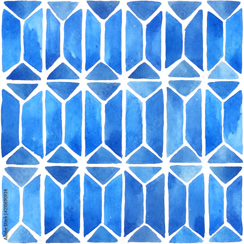 Seamless watercolor pattern with geometric elements. Hand painted background in blue