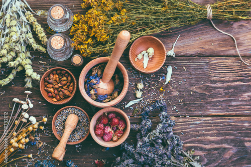 Wild Herbs Different Gathering of Medicinal Alternative Treatment Wooden Background Vintage Rural Country Style