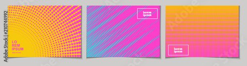 Set of horizontal abstract backgrounds with halftone pattern in neon colors. Collection of gradient textures with geometric ornament. Design template of flyer, banner, cover, poster. Vector 