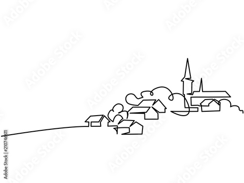 Continuous line drawing. Landscape with village on hill. Vector illustration. Concept for logo, card, banner, poster, flyer