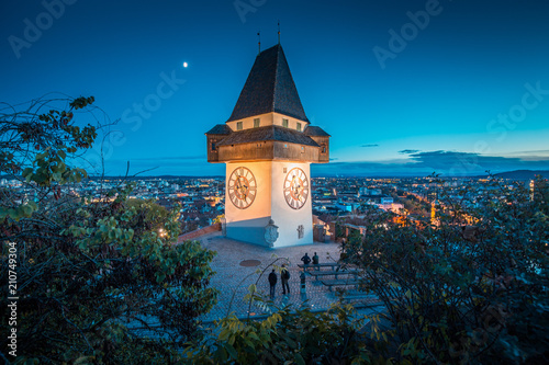 City of Graz with famous clock tower at night, Styria, Austria