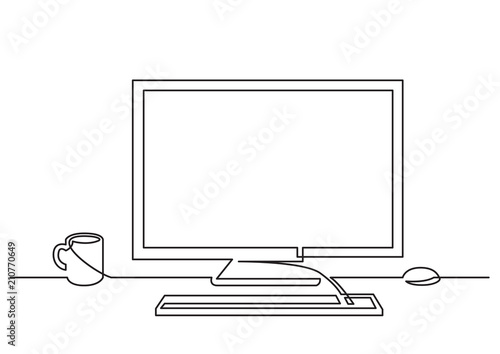 continuous line drawing of work desk computer and coffee