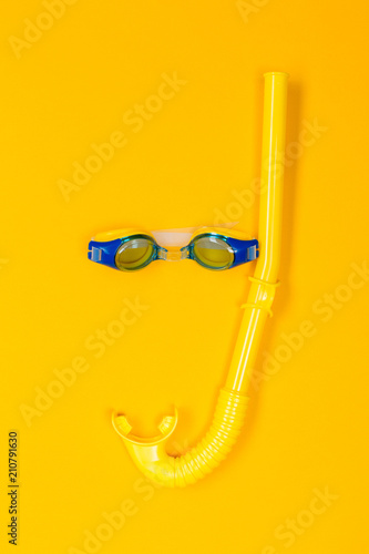 beach accessories on color background. Top view.