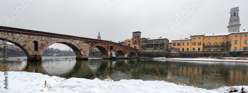 Ponte Pietra (Stone bridge) in winter and Adige River - Verona 