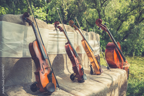 Music and nature concept. String instruments, one cello and three violins on the ceremonial chairs in nature. Close up.