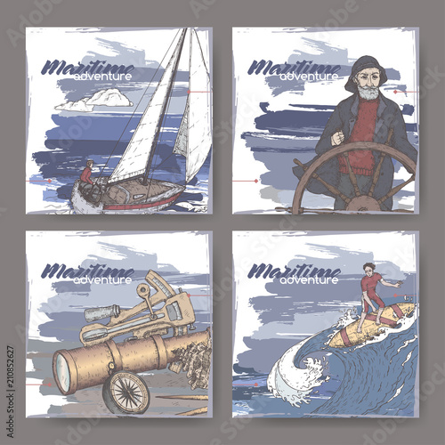 Four color banners with old captain, navigational instruments, sailboat and surfer sketch. Maritime adveture series.