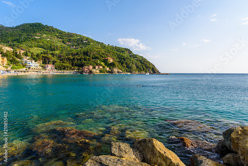 Levanto - town in Liguria, close to Cinque Terre in Italy. Scenic Mediterranean riviera coast. Historical Old Town with colorful houses and sand beach at beautiful coast of Italy.