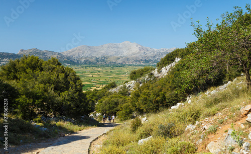 three tourists climbs path lined with stone among the mountains. Slope in the mountain pine forest on the sunny day on Crete island.