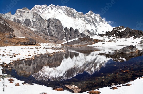 Lhotse Nuptse south rock face mirroring in lake