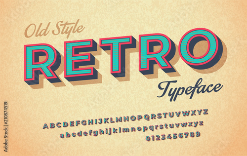 Colorful italic retro font and alphabet 80s, 90s.
