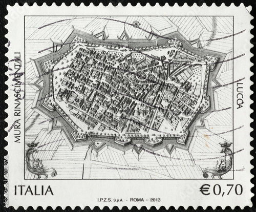 Ancient map of Lucca on italian postage stamp