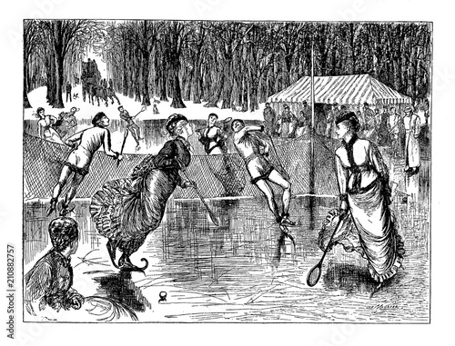 tennis on ice rink, cartoon depicting a game of tennis on ice by George du Maurier (1834-1896) a Franco-British cartoonist for Punch, 1876