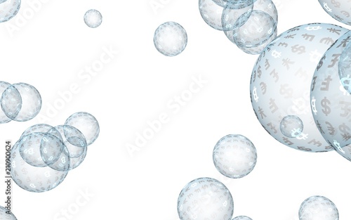 Bitcoin economic financial bubble. Cryptocurrency 3D illustration. Business concept. Bue bubbles on a white background