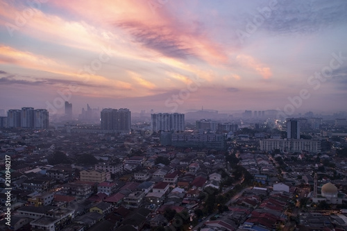 Aerial shot at sunrise of Petaling Jaya, suburb of Kuala Lumpur, Malaysia