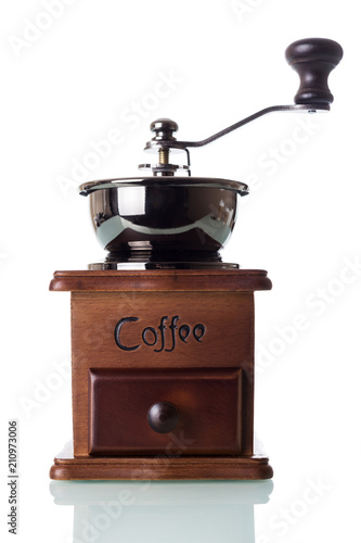 Original hand coffee grinder, bottom box for ground coffee, isolated on white
