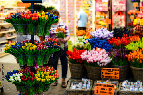 Colorful beautiful fresh flowers for sale on the market in Amste