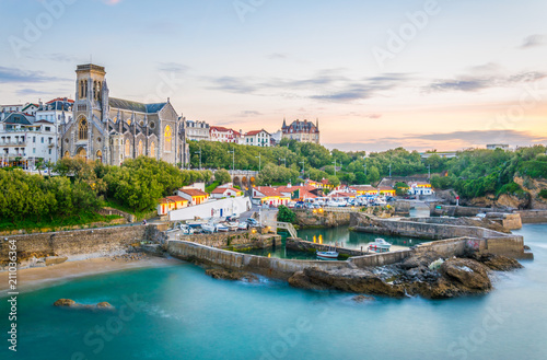 Sunset view of church Sainte-Eugenie in Biarritz, France