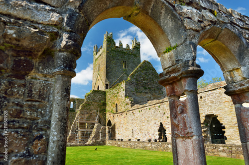 Jerpoint Abbey, a ruined Cistercian abbey, located near Thomastown, County Kilkenny, Ireland.