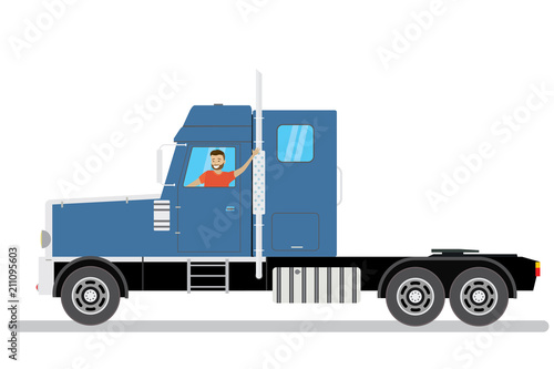 Happy cartoon caucasian male rides in Blue semi truck