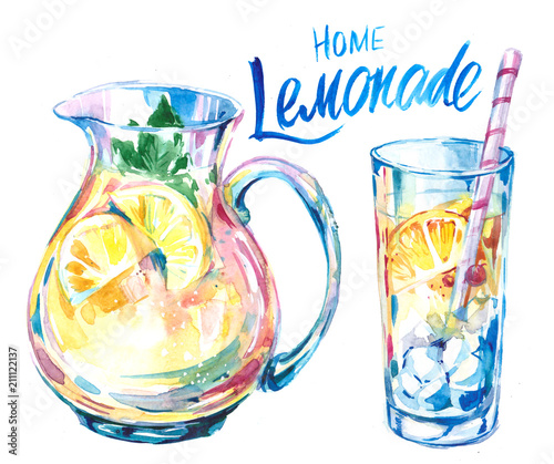 Jug and glass with lemonad