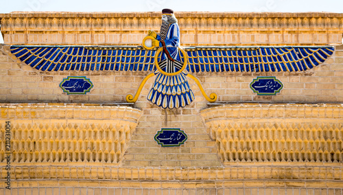 Faravahar, main symbol of persian zoroastrianism on the top of a temple.