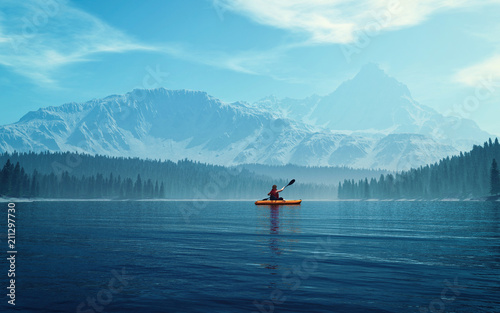Man with canoe on the lake