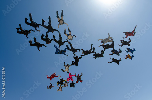 Skydiving group formation low angle view