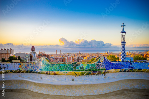 Barcelona at sunrise viewed from public park Guell, Spain