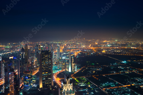 Aerial view of Dubai downtown skyscrapers at night