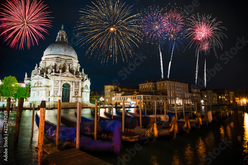 Firework display near Santa Maria Cathedral in Venice, Italy
