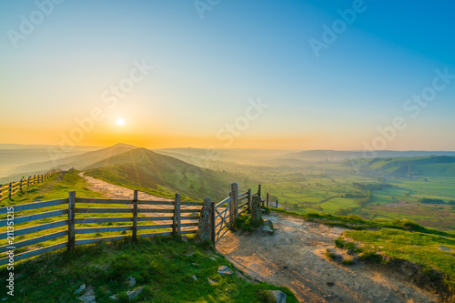 Beautiful sunrise of the Great Ridge at Mam Tor. Peak District. UK
