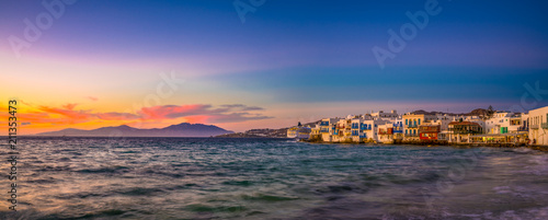 Beautiful sunset panorama of Little Venice and coastline of Mykonos Island, Greece